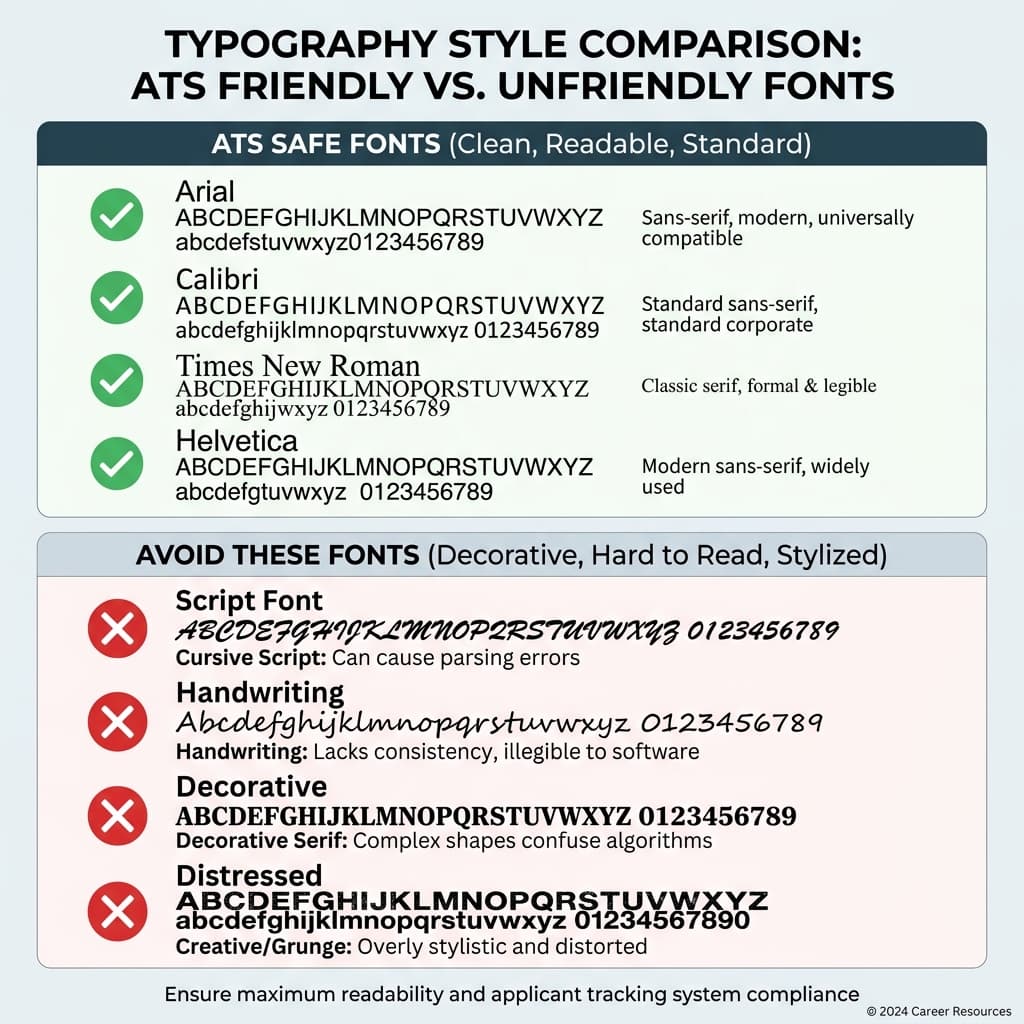 Typography chart comparing ATS safe fonts vs fonts to avoid
