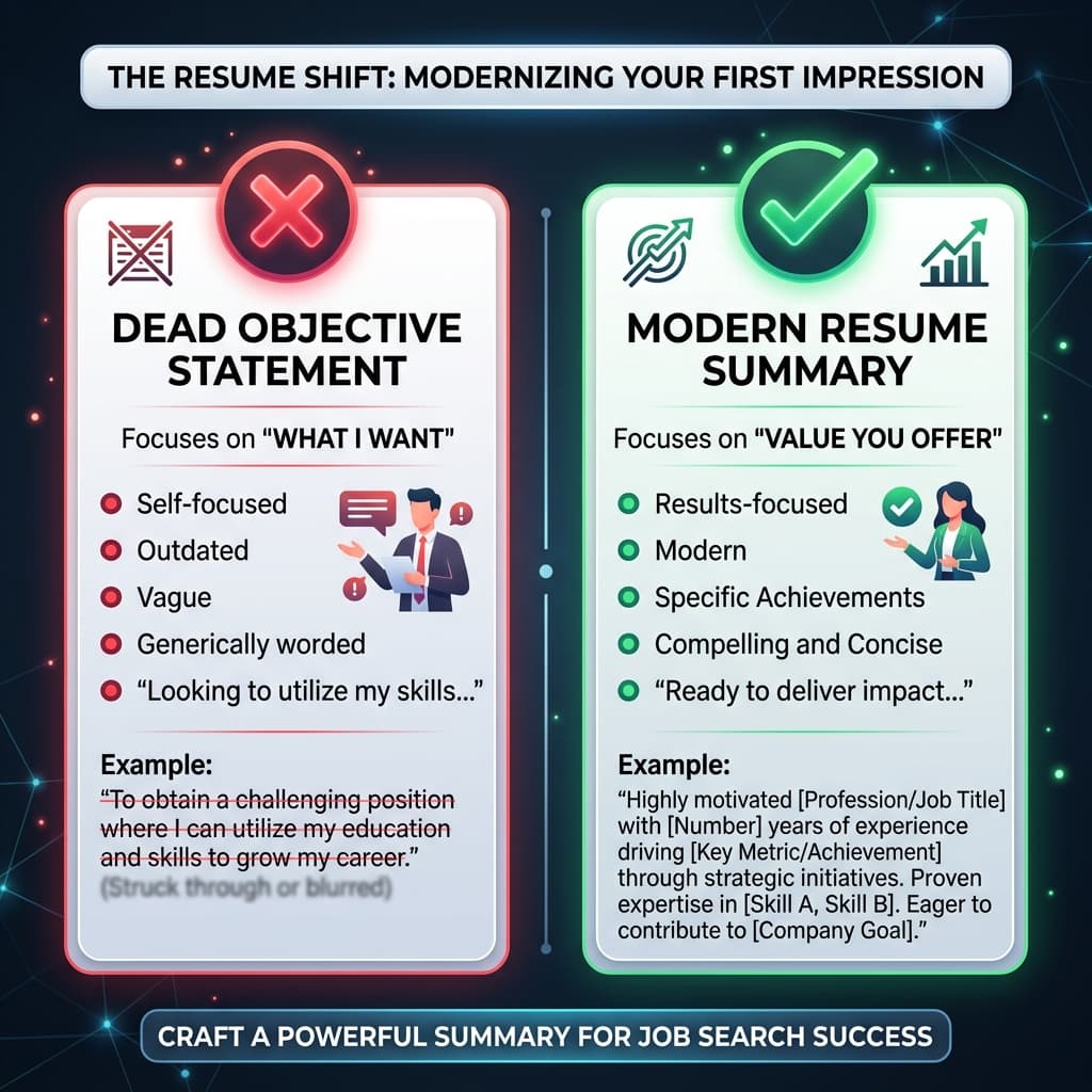 Comparison card showing Dead Objective Statement vs Modern Resume Summary