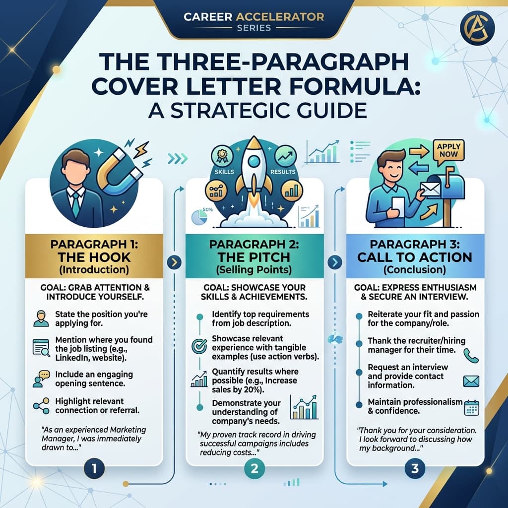 Three-paragraph cover letter formula chart with Hook, Pitch, and Call to Action
