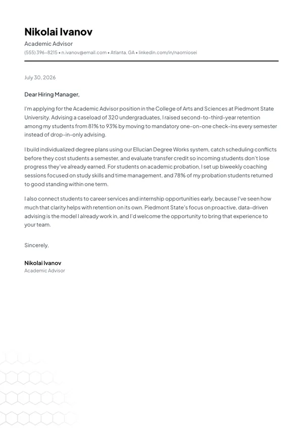 Academic Advisor cover letter example — full one-page sample