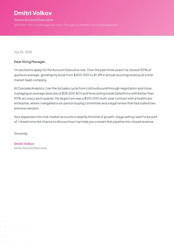 Account Executive cover letter example — full one-page sample