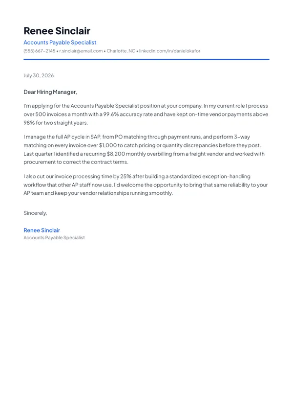 Accounts Payable Specialist cover letter example — full one-page sample