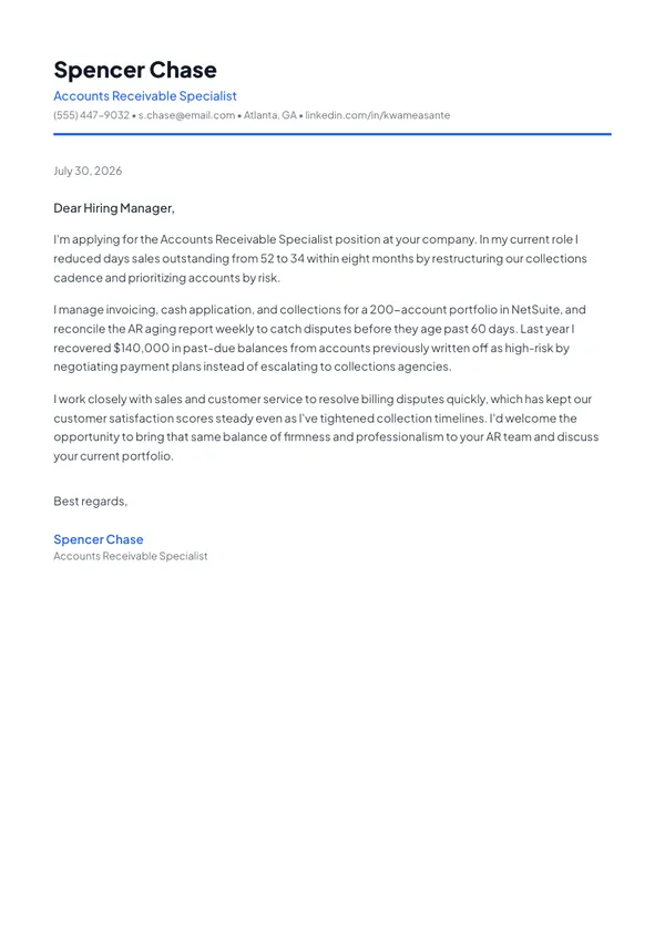 Accounts Receivable Specialist cover letter example — full one-page sample