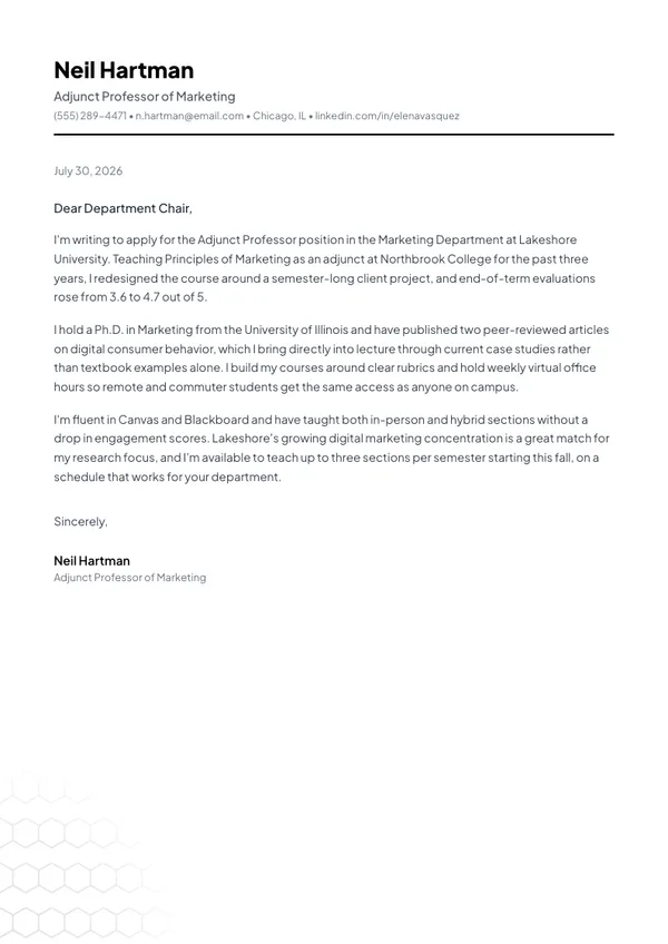 Adjunct Professor cover letter example — full one-page sample