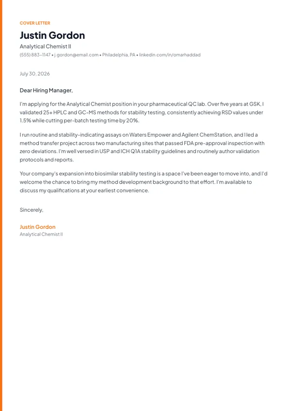 Analytical Chemist cover letter example — full one-page sample