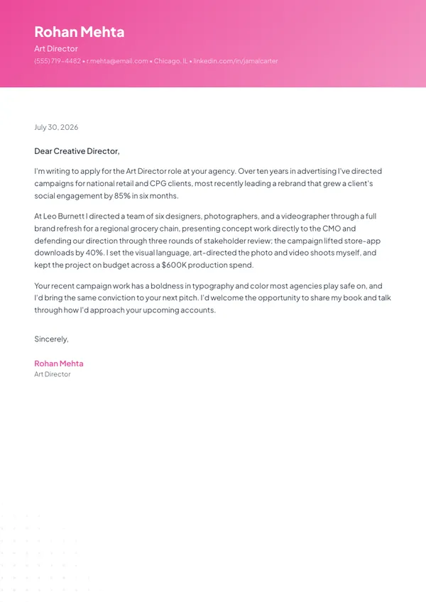 Art Director cover letter example — full one-page sample