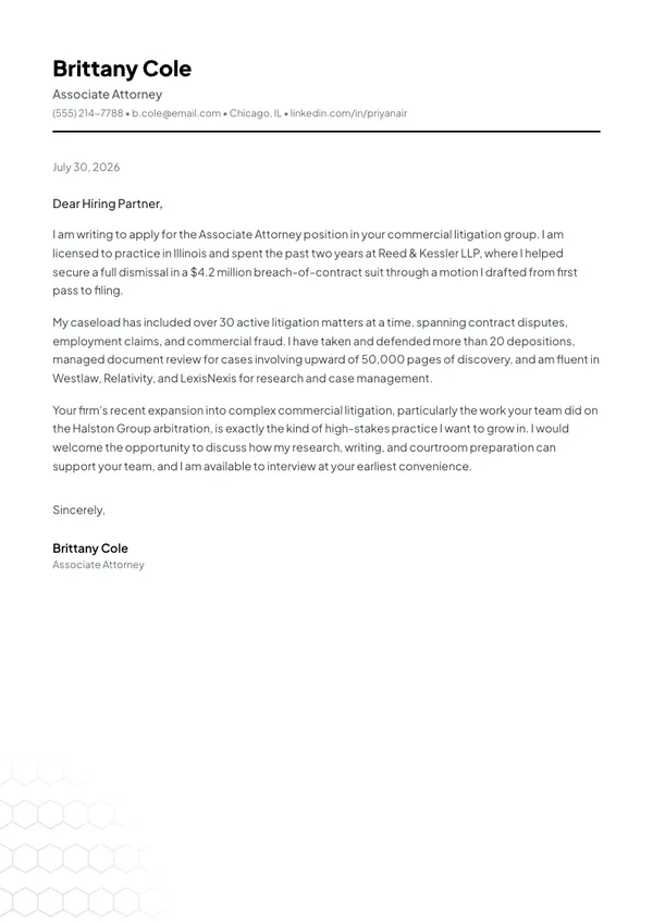 Associate Attorney cover letter example — full one-page sample