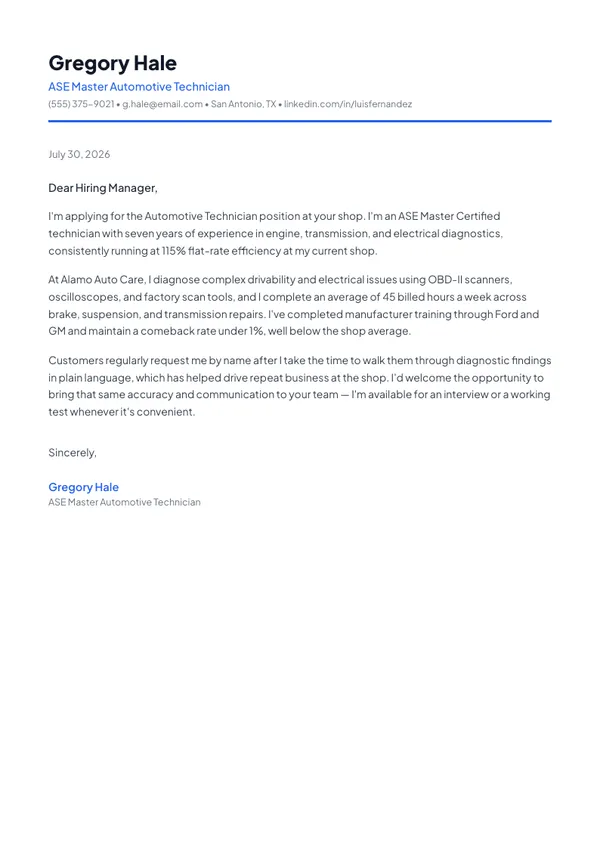 Automotive Technician cover letter example — full one-page sample