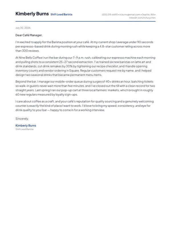 Barista cover letter example — full one-page sample