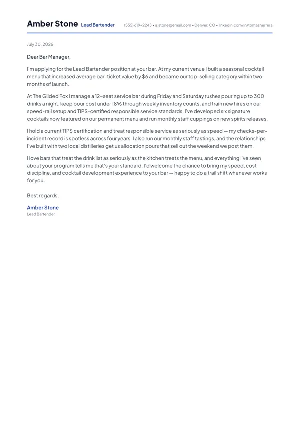 Bartender cover letter example — full one-page sample