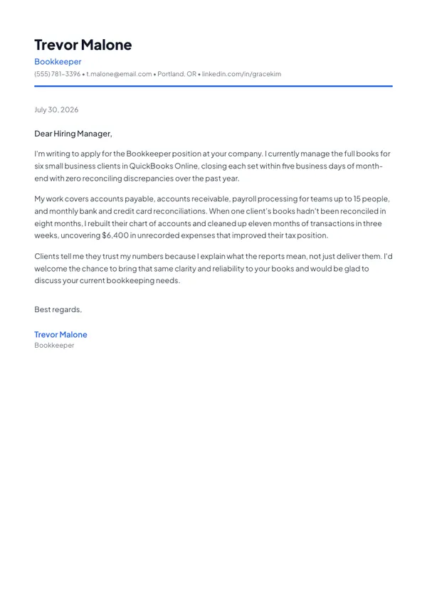 Bookkeeper cover letter example — full one-page sample