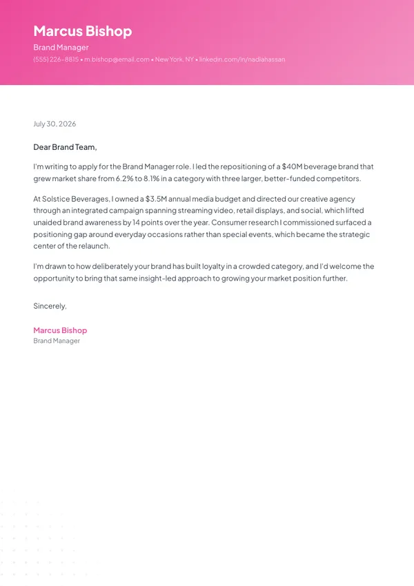 Brand Manager cover letter example — full one-page sample