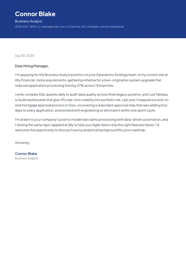 Business Analyst cover letter example — full one-page sample