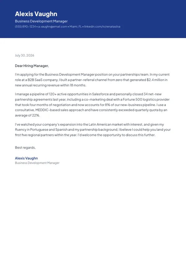 Business Development Manager cover letter example — full one-page sample
