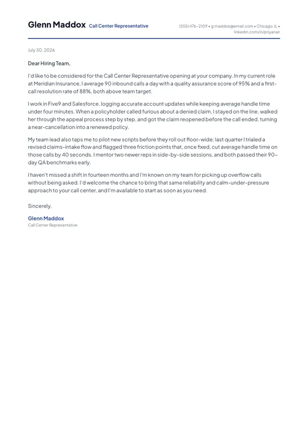 Call Center Representative cover letter example — full one-page sample