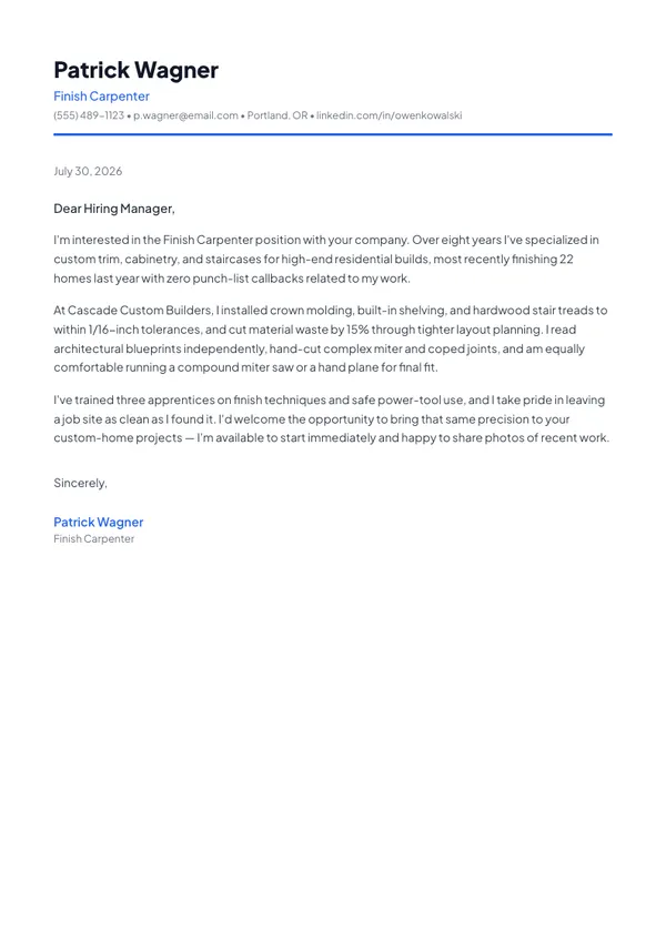 Carpenter cover letter example — full one-page sample