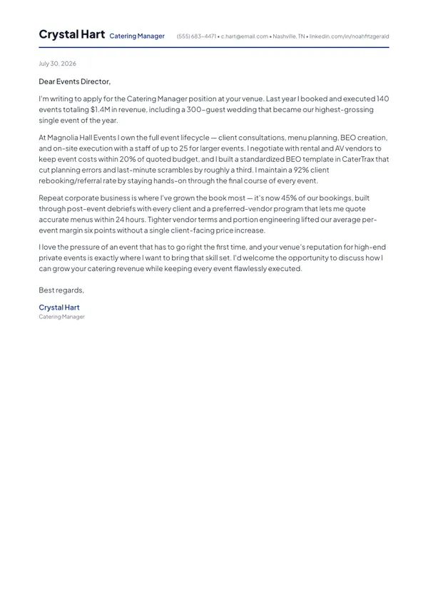 Catering Manager cover letter example — full one-page sample