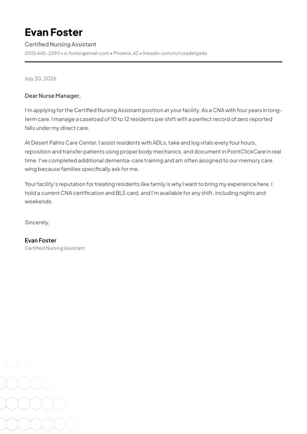 Certified Nursing Assistant cover letter example — full one-page sample
