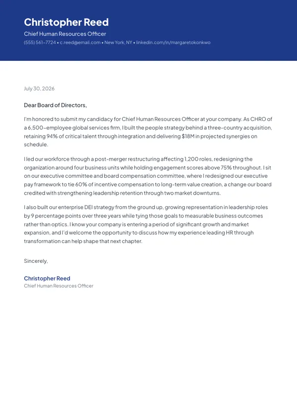 Chief Human Resources Officer cover letter example — full one-page sample
