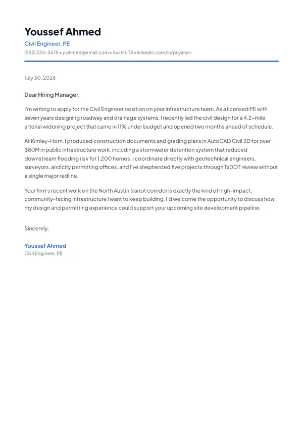 Civil Engineer cover letter example — full one-page sample