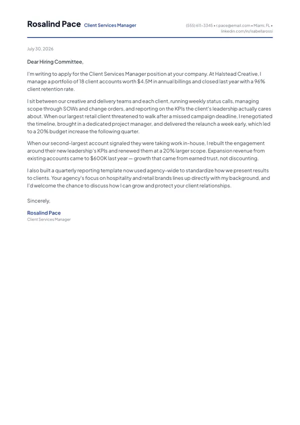 Client Services Manager cover letter example — full one-page sample