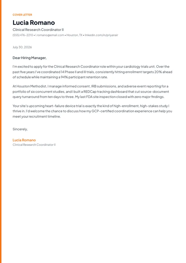 Clinical Research Coordinator cover letter example — full one-page sample