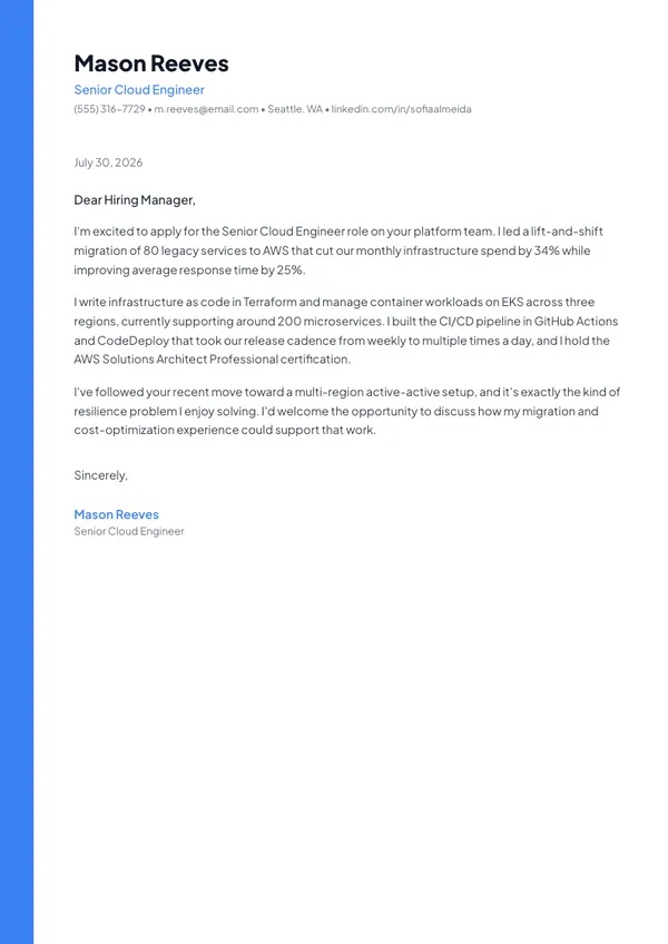 Cloud Engineer cover letter example — full one-page sample