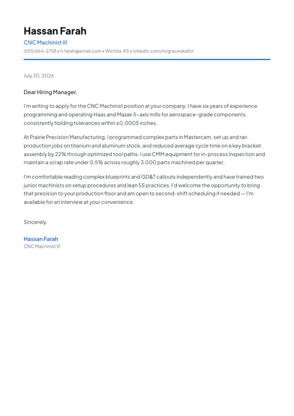 CNC Machinist cover letter example — full one-page sample