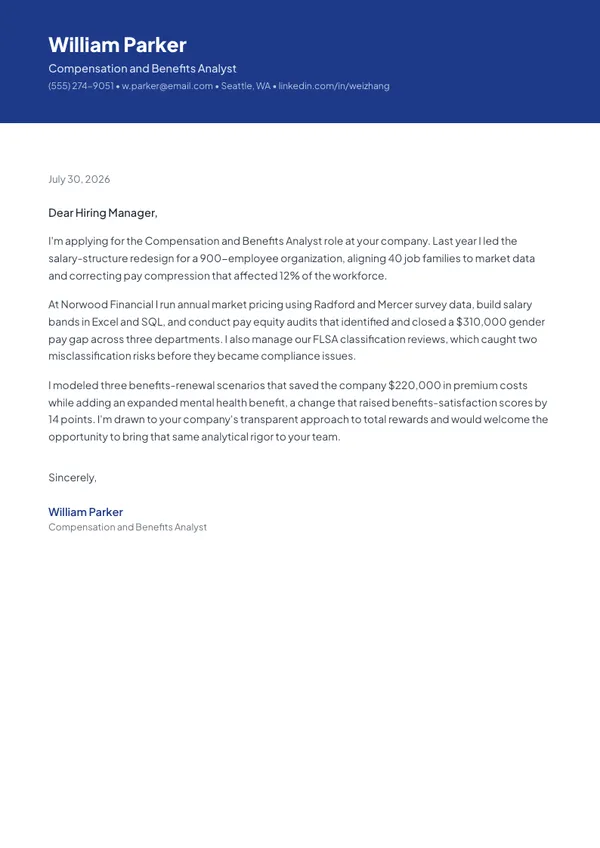 Compensation and Benefits Analyst cover letter example — full one-page sample