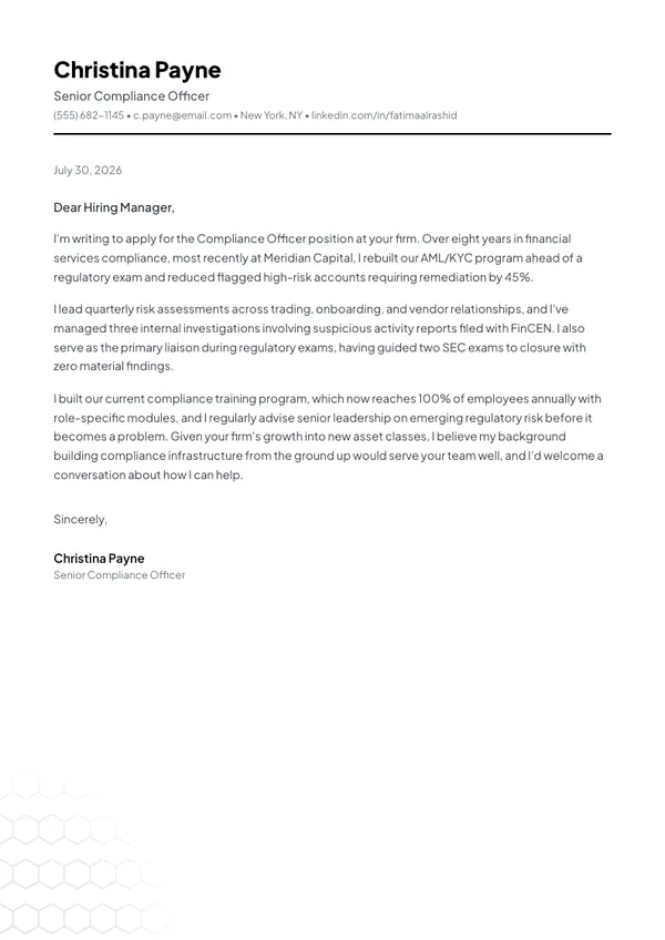 Compliance Officer cover letter example — full one-page sample