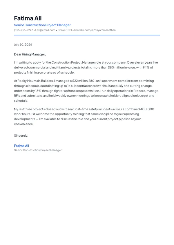 Construction Project Manager cover letter example — full one-page sample