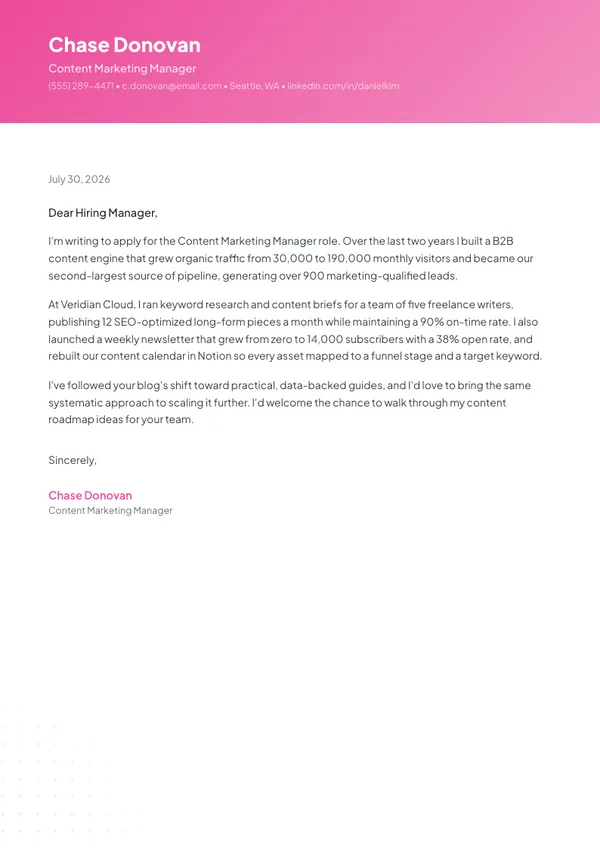Content Marketing Manager cover letter example — full one-page sample