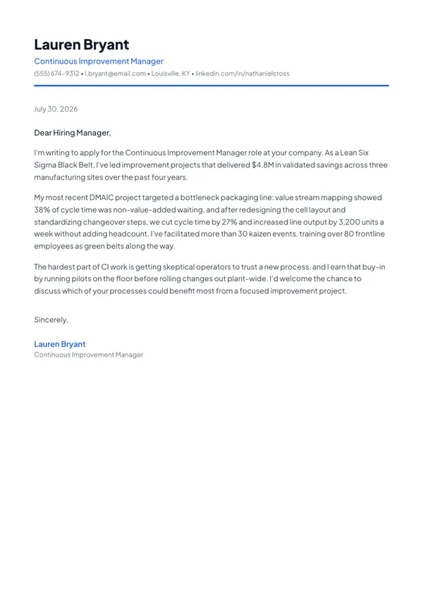 Continuous Improvement Manager cover letter example — full one-page sample