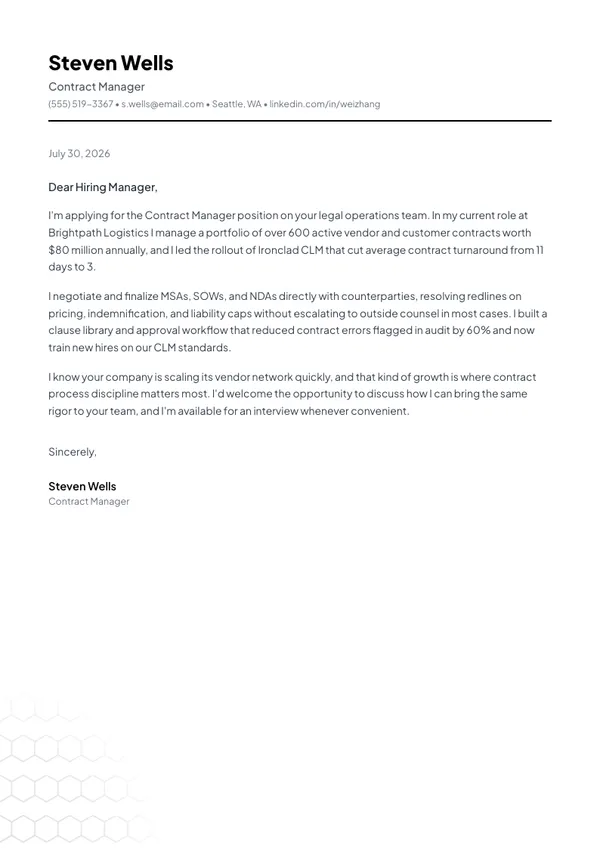 Contract Manager cover letter example — full one-page sample