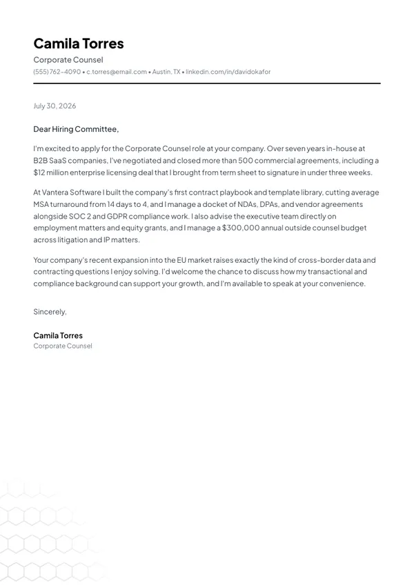 Corporate Counsel cover letter example — full one-page sample