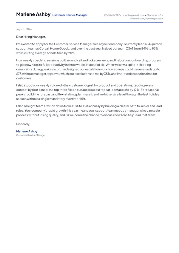 Customer Service Manager cover letter example — full one-page sample