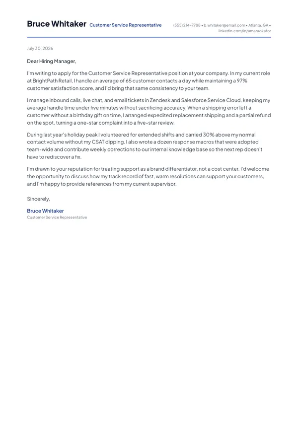 Customer Service Representative cover letter example — full one-page sample