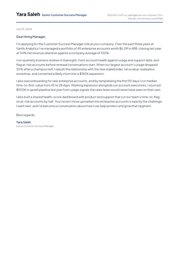 Customer Success Manager cover letter example — full one-page sample