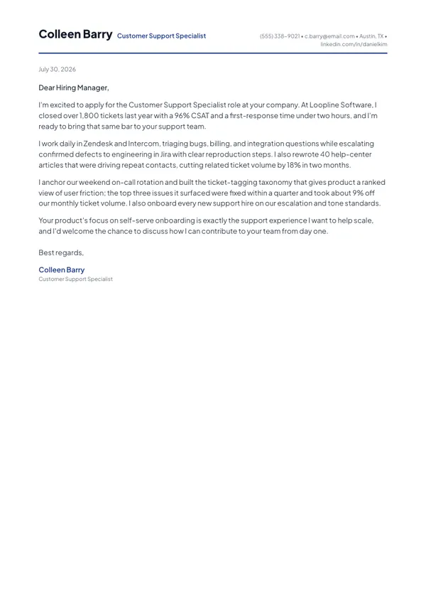Customer Support Specialist cover letter example — full one-page sample