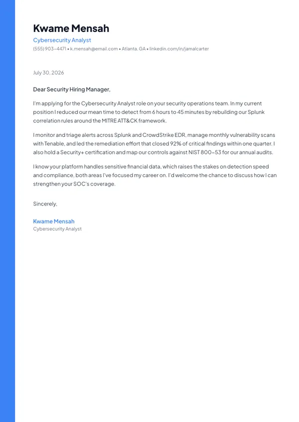 Cybersecurity Analyst cover letter example — full one-page sample