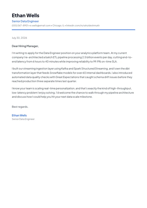 Data Engineer cover letter example — full one-page sample