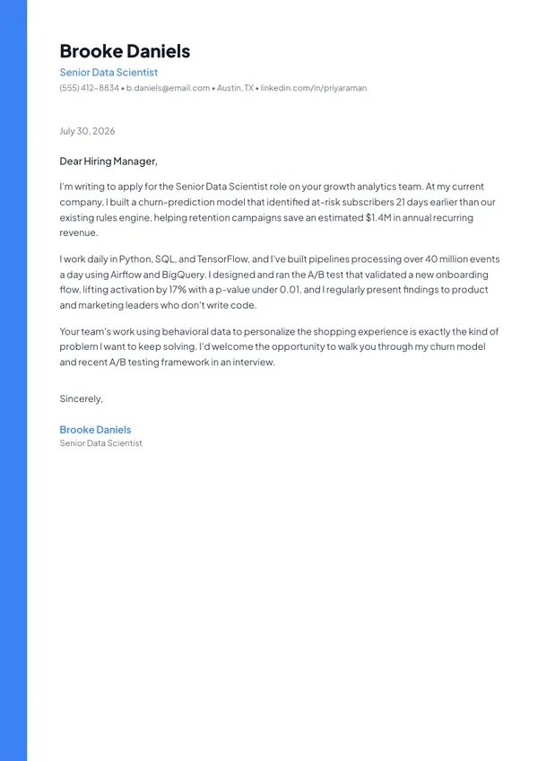 Data Scientist cover letter example — full one-page sample