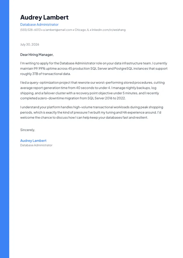 Database Administrator cover letter example — full one-page sample