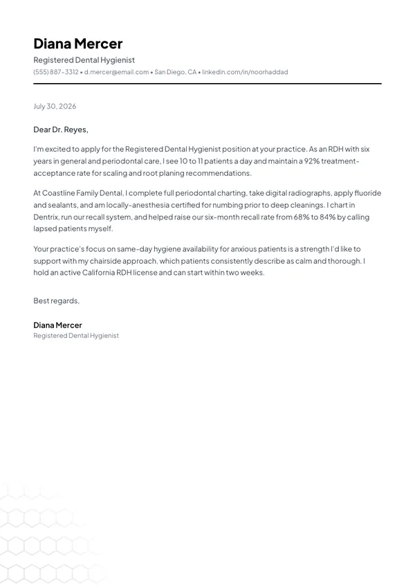 Dental Hygienist cover letter example — full one-page sample