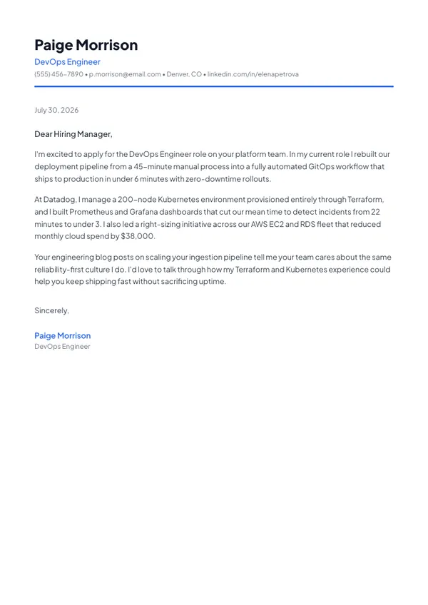 DevOps Engineer cover letter example — full one-page sample