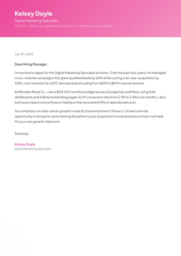 Digital Marketing Specialist cover letter example — full one-page sample