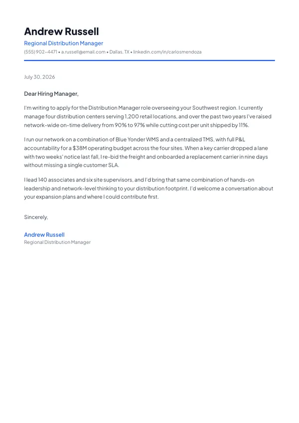 Distribution Manager cover letter example — full one-page sample