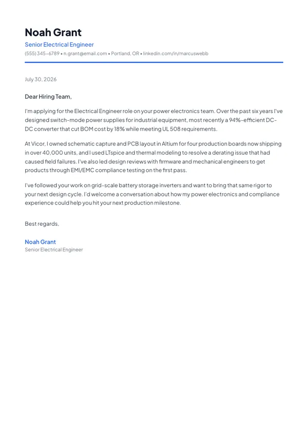 Electrical Engineer cover letter example — full one-page sample
