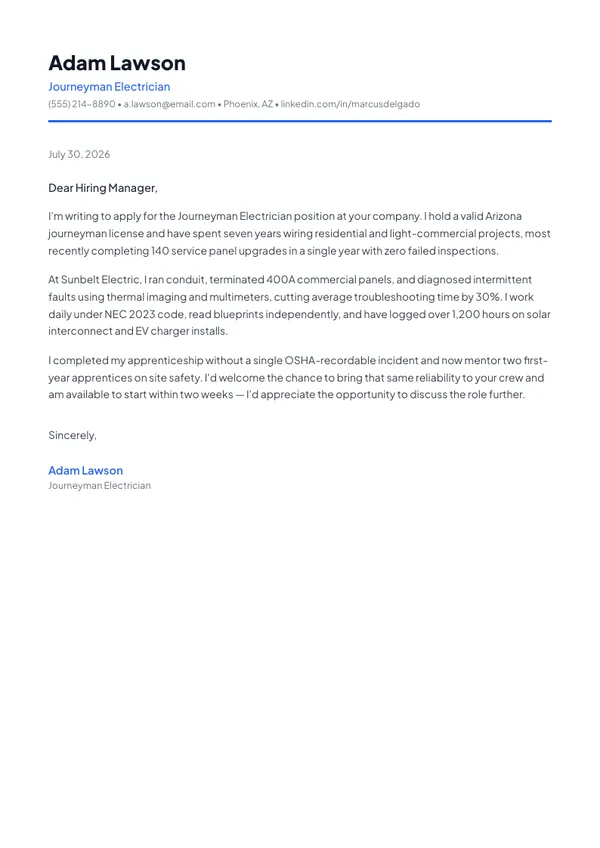 Electrician cover letter example — full one-page sample