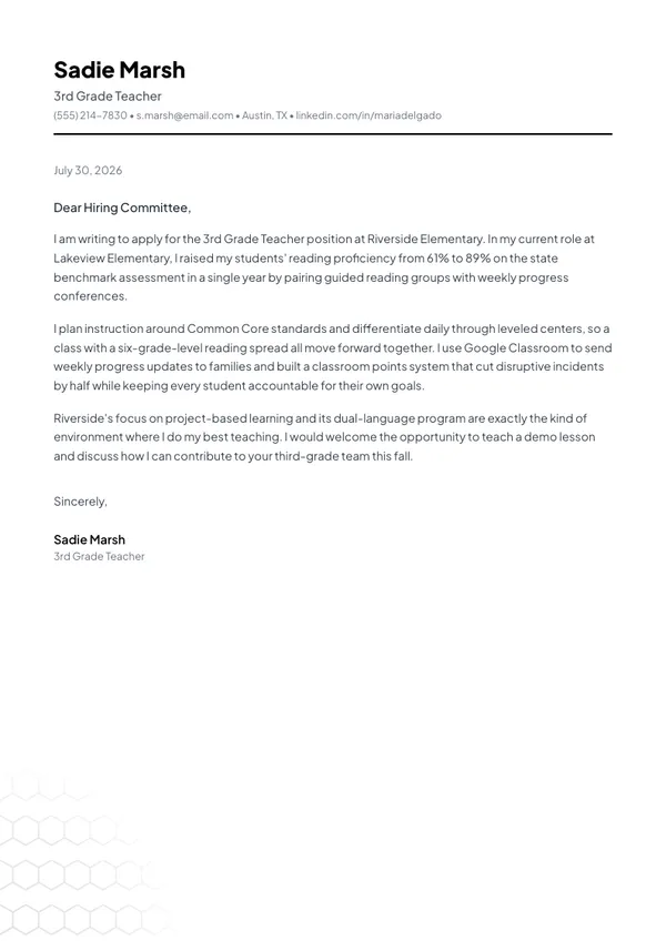 Elementary School Teacher cover letter example — full one-page sample